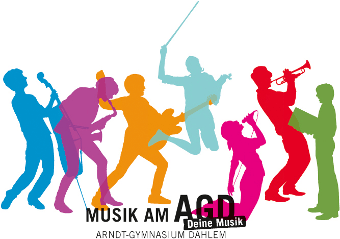 Bild mit musizierenden Schülern als Silhouetten und Beschriftung: Musik am AGD Deine Musik